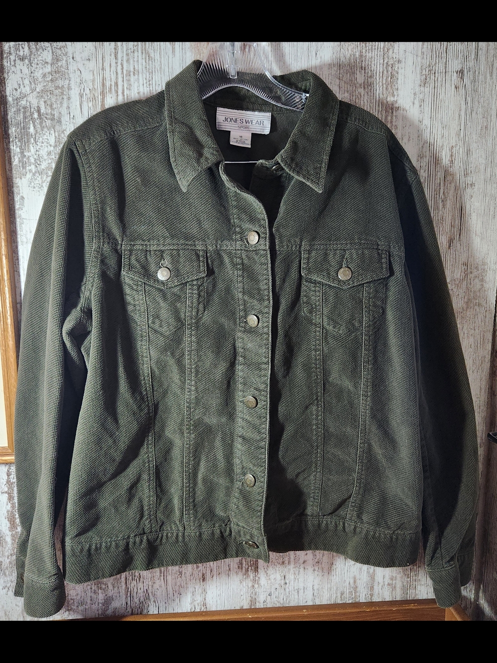 Jones Wear Dark Army Olive Green Denim-Style Button Jacket Size 16